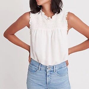 Ann Taylor Smocked White Sleeveless Blouse High Neck Keyhole Back Size Large